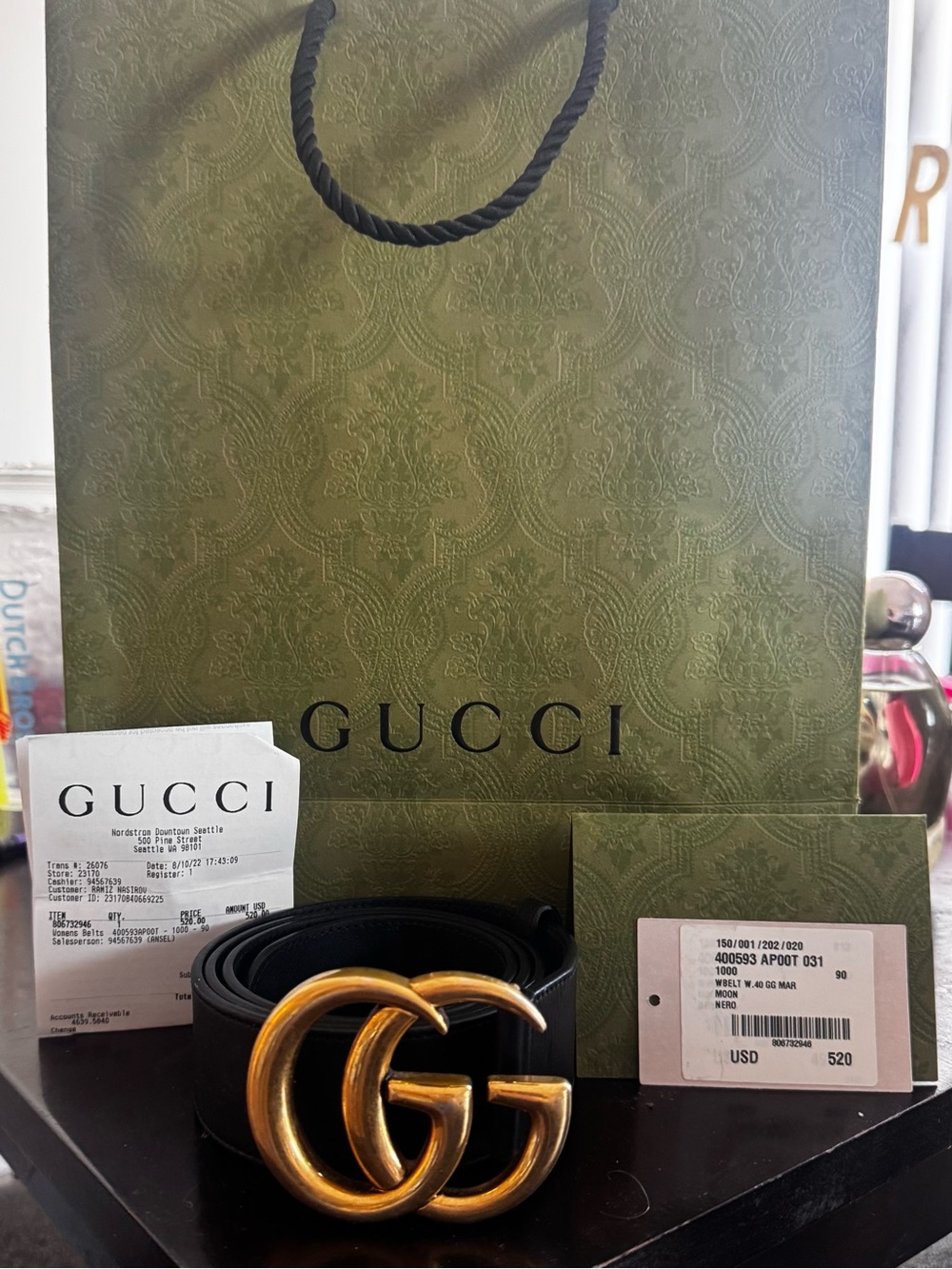Gucci GG Marmont Black Leather Belt – Gold Double G – Size 90